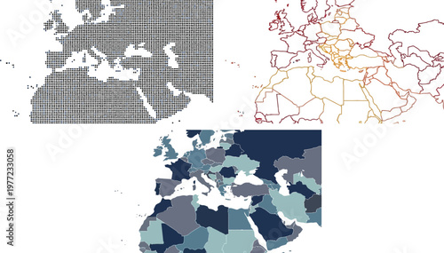 World map vector illustration set featuring dotted continents, colorful linear borders, and flat political regions for professional graphic design projects
