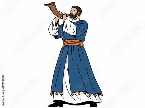 Jewish priest blowing shofar ram horn illustration