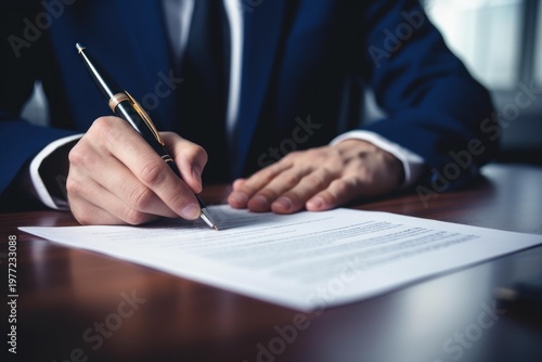 Businessman's hand affixing signature on a contract with a pen, agreeing to terms