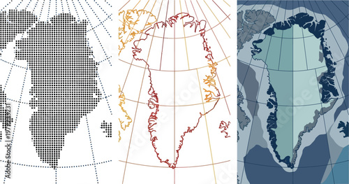 Greenland map vector set featuring dotted halftone style linear outline contour and stylized geometric infographic graphic design element collection
