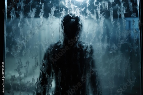 Silhouetted figure standing behind glass with water streaks and droplets creating a dark, moody atmosphere