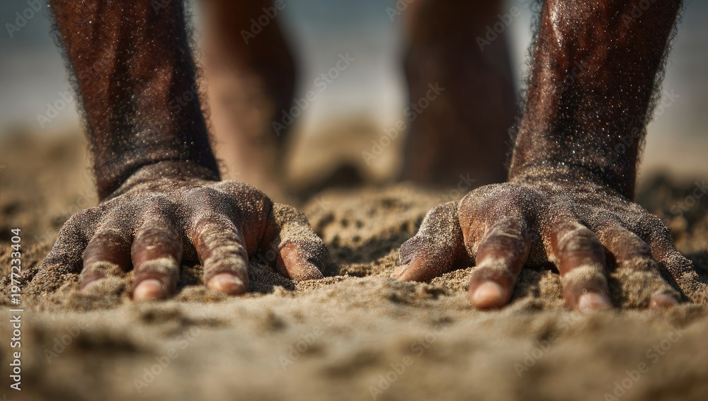 Obraz premium Close-up of hands and feet in sand, emphasizing texture and the natural environment