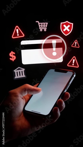 A smartphone user encounters a security alert for a blocked credit card transaction. This digital banking concept highlights how fraud detection and cybersecurity prevent financial scams.