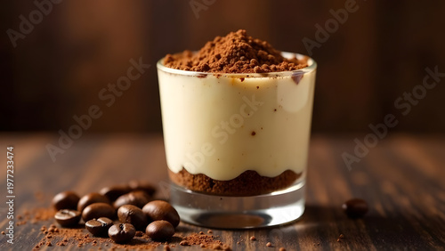 This enticing dessert features layers of creamy goodness topped with cocoa powder, served in a clear glass. Surrounding it are whole coffee beans, creating a rich coffee theme.