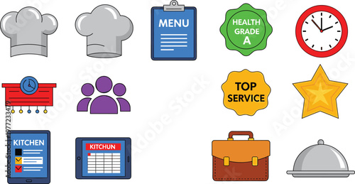 Restaurant and Kitchen Icon Set for Menu, Health Grade, Service, and Culinary Tools