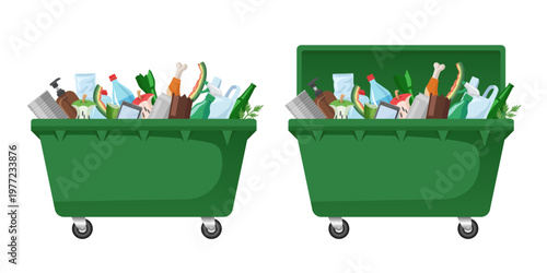 A trash bin with garbage. Garbage container. Vector illustration isolated on white background.