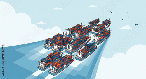 Fleet of Cargo Ships Sailing in Formation Illustration.