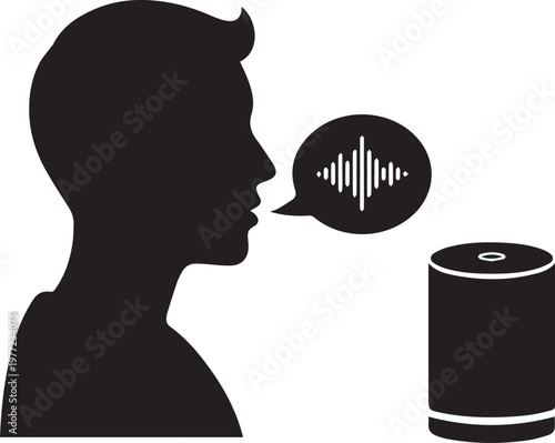 Black silhouette of a man speaking to a voice assistant with sound wave icon