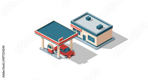 A red car is parked under a gas station canopy next to a convenience store, illustrating urban infrastructure and transportation services