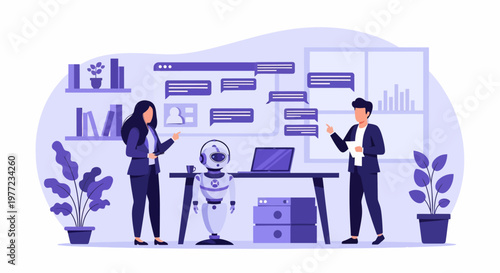 Business Professionals Working with Robot Assistant.