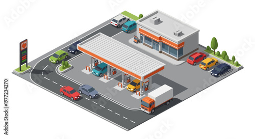 Isometric gas station with cars refueling and convenience store viewed from above