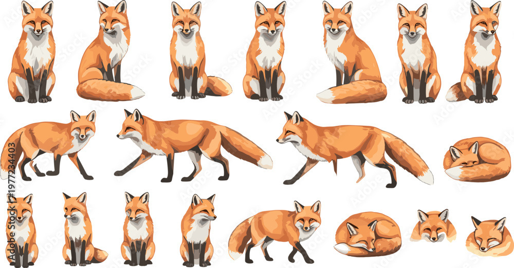 Fototapeta premium Cute Cartoon Fox Poses Collection, Vector Illustration of Fox Characters in Various Positions for Wildlife Art and Animal Design