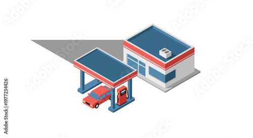 Isometric view of a modern car at a clean, well-lit gas station with a convenience store attached, illustrating urban infrastructure and fueling services