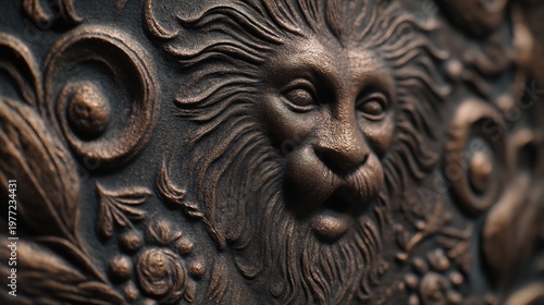 Lion head relief sculpture carved on dark metal surface. Decorative artistic bronze panel with vintage floral ornament. Architectural detail for interior design and classic decor style.