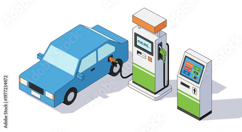 Illustration of a car refueling at a gas station with a fuel pump and payment terminal