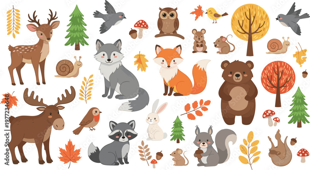 Obraz premium Adorable Woodland Animal Vector Illustration Set Featuring Deer, Fox, Bear, Moose, and Raccoon with Autumn Leaves and Forest Elements for Children's Nursery Decor and Stationery