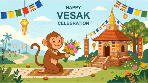 Cute Monkey Offering Flowers for Vesak Celebration at Temple