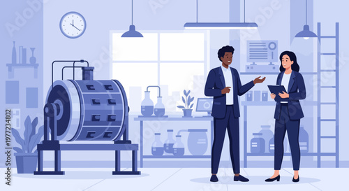 Man and Woman Discussing Industrial Equipment.