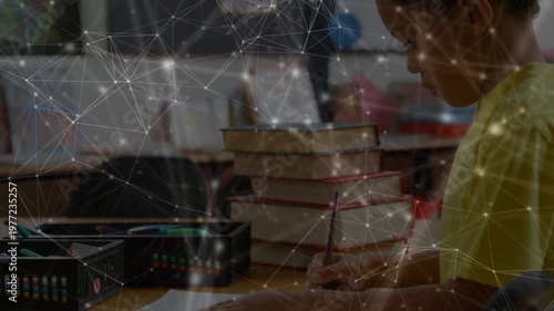 School student placing paper and grabbing pencil animating writing assignment progress in education