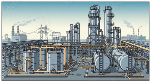 Illustration of a large industrial complex with tanks and towers.