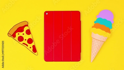 Top View of a Red Tablet Cover Between a Slice of Pizza and a Colorful Ice Cream Cone on a Bright Yellow Background - Food and Technology Concept