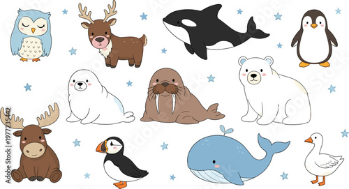 Cute Arctic and Antarctic Animal Vector Collection Featuring Polar Bear Penguin Whale Orca Seal and Walrus with Winter Stars for Children Illustration