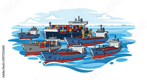 Cargo Ships Congregated in the Ocean Illustration.