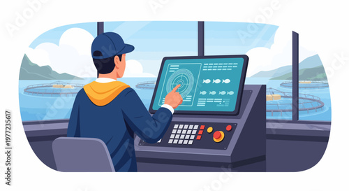 Man Operating Ship Control Panel Console.