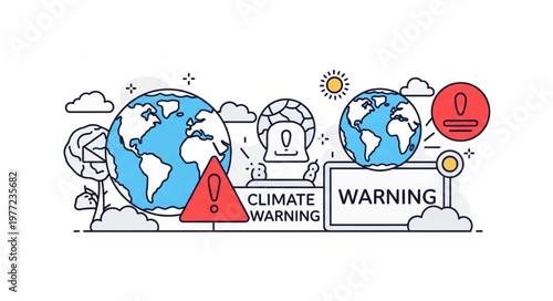 Climate Warning Illustration with Earth Globes and Warning Signs.