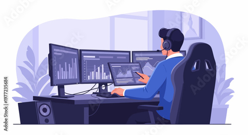 Man Sitting in Front of Multiple Computer Monitors.