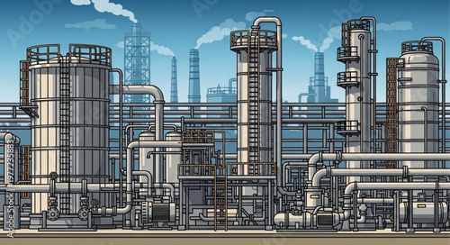 Detailed Illustration of a Large Industrial Oil Refinery Complex.