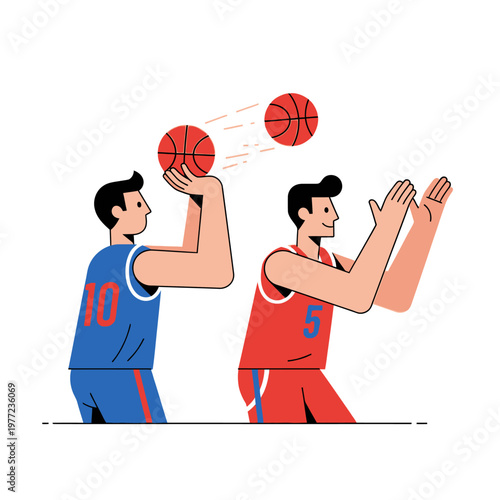 Two cartoon basketball players in action, one shooting, one defending, flat design illustration