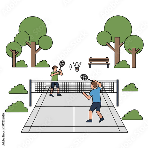 Two people playing badminton on outdoor court in a park with trees and bench