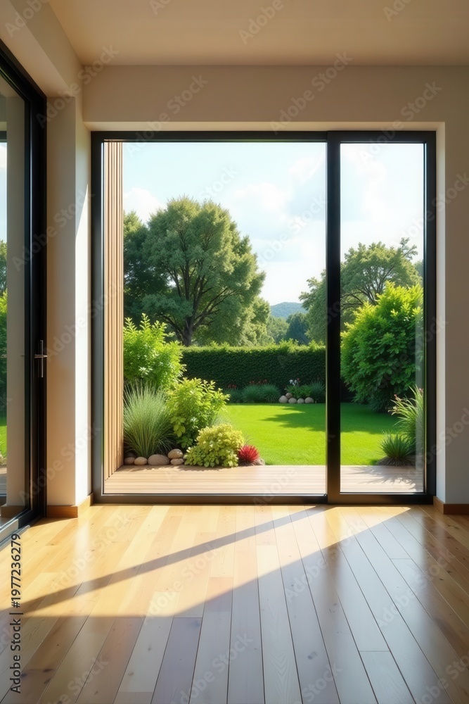 Fototapeta premium Modern loft, empty room, wood floors, garden view , design, floor