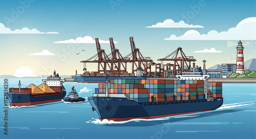 Container Ships at Port with Cranes and Lighthouse.