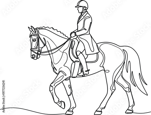 Continuous One Line Drawing of Equestrian Rider on Horse Performing Dressage Elegant Minimalist Vector Illustration for Horse Racing Sports and Luxury Branding Concept