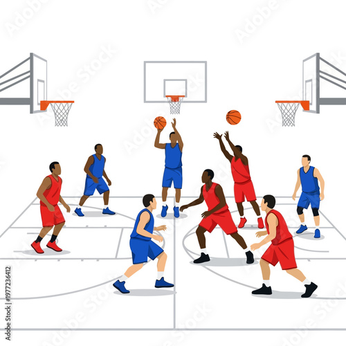 Basketball game, players in red and blue uniforms playing on court, action shot