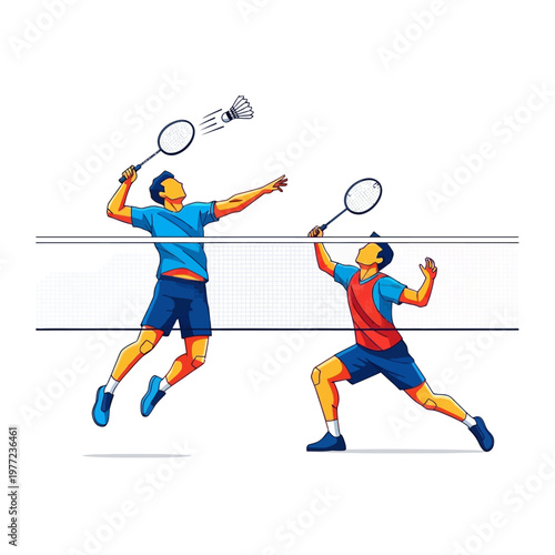 Badminton Players Competing in Match, Dynamic Action Shot, Sports Illustration