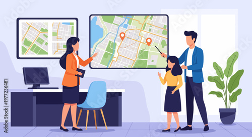 Team Discussing Navigation on Large Screen.