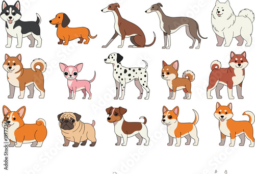 Cute Dog Vector Collection Featuring Various Breeds with Colorful Bows and Bandanas for Pet Shop Branding, Grooming Services, and Children's Nursery Decor