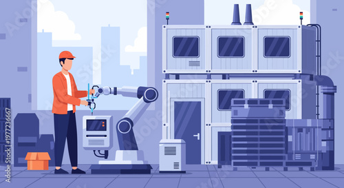 Technician Operating Robotic Arm in Factory.