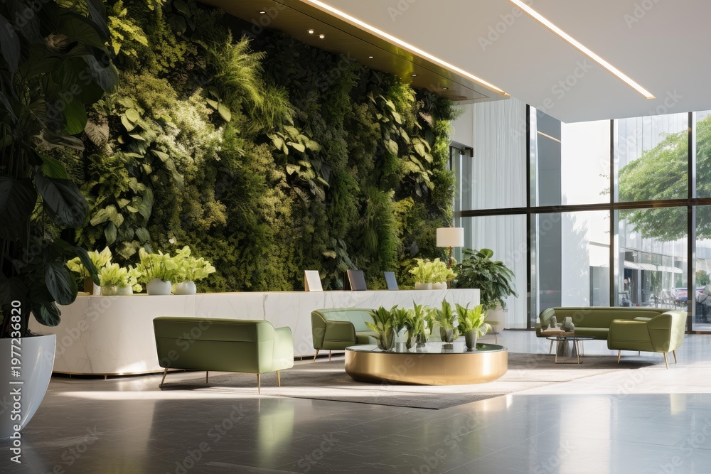 Fototapeta premium Lobby creating a refreshing biophilic design with indoor plants and natural light
