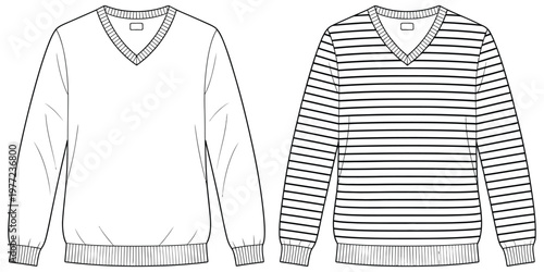 V neck sweater CAD drawing flat vector illustration with striped pullover and plain knitwear options, technical fashion sketch for winter clothing apparel design and garment development