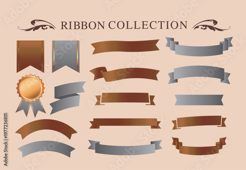 リボンの装飾デザインセットとアンティークな罫線やフレームデザイン
