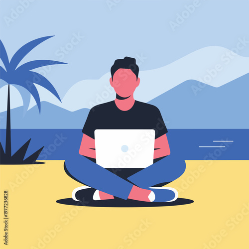 Man working on laptop while sitting crosslegged.