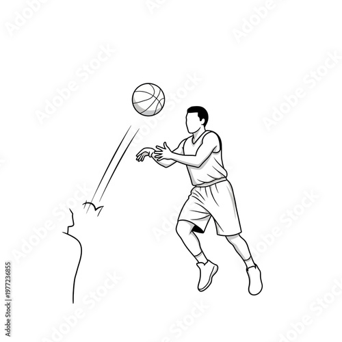 Basketball player jumping to catch ball, action shot, sport illustration, white background