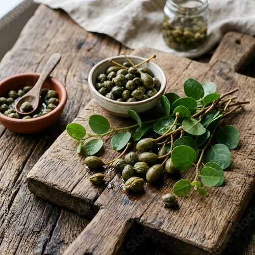 Fresh Capers and Leaves on Wooden Cutting Board with Bowls and Jar