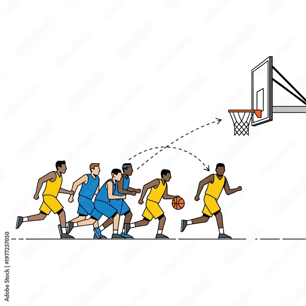 Fototapeta premium Basketball players in action, dribbling and passing during a game, illustration