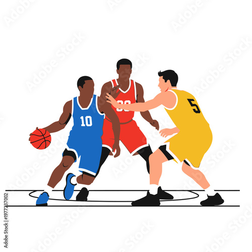 Basketball players dribbling and defending on court, sports illustration