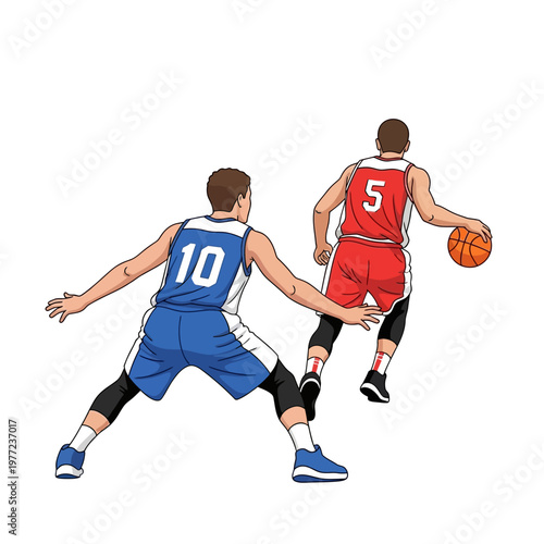 Basketball players competing, one dribbling, the other defending